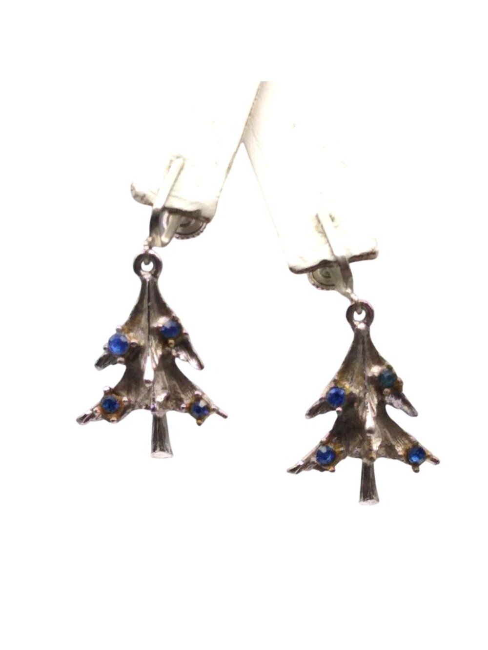 Vintage Christmas Tree Earrings, Silver Tone Dimensional Dangles w Blue Crystals